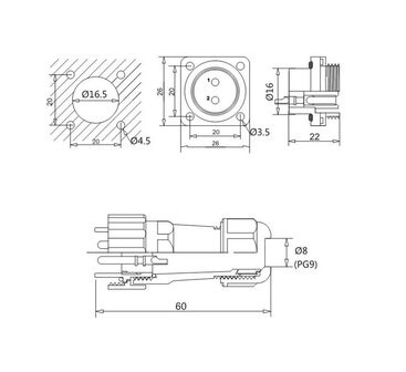 Male + chassis square base - 24V - waterdichte connector - 6 aderig - IP68