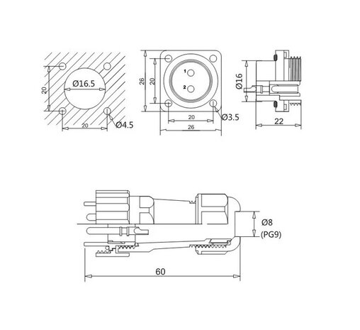 Male + chassis square base - 24V - waterdichte connector - 6 aderig - IP68